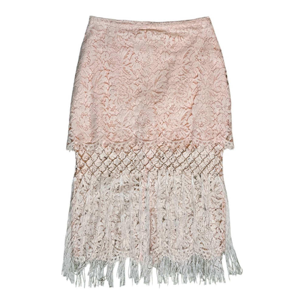 TOPSHOP LACE BLUSH PINK TIERED FRINGED MIDI PENCIL SKIRT - Picture 10 of 13